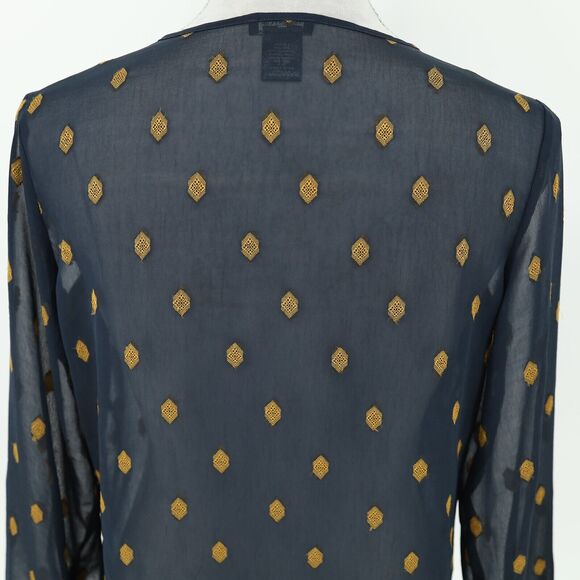 Ann Taylor Top Petites SP PS Navy Blue Sheer Blouse Gold Medallions Embroidery - Picture 9 of 14